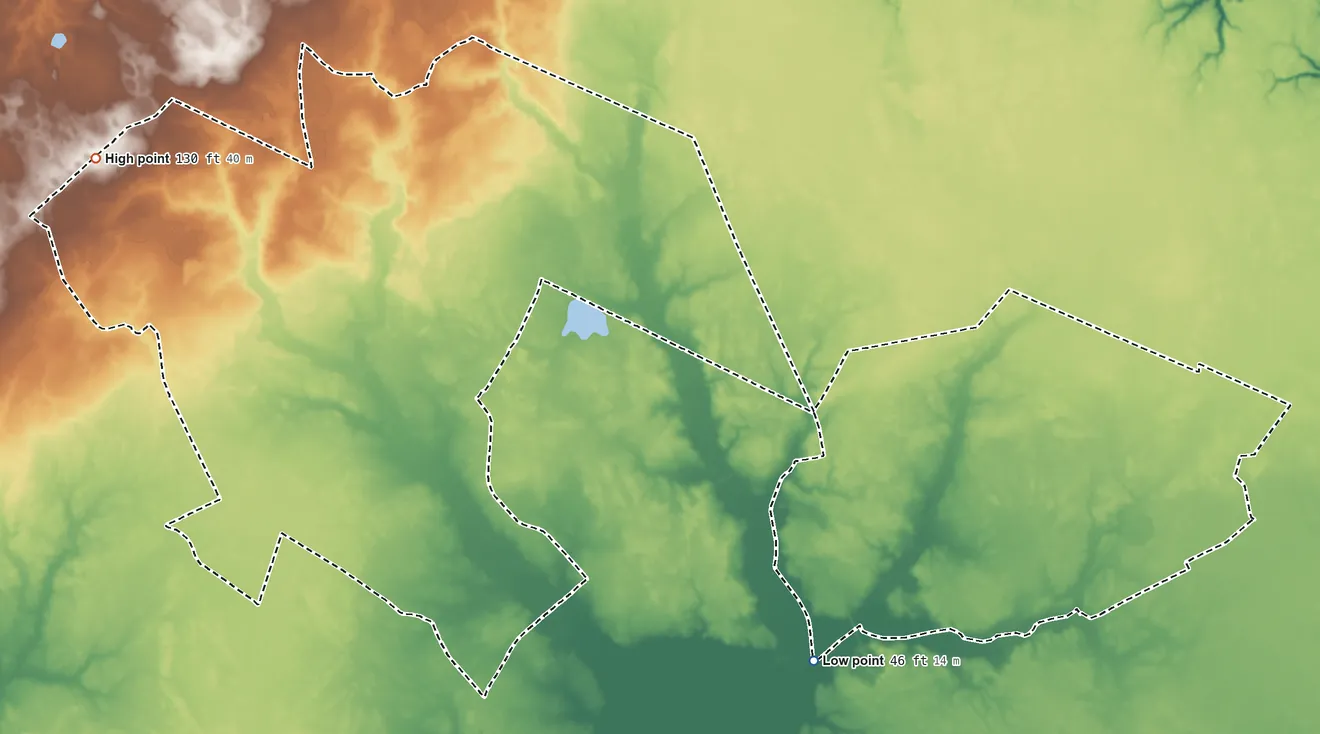Topographic elevation map of Waccamaw Siouan SDTSA, North Carolina, shaded from 46 ft on the southeast side to 130 ft on the west side