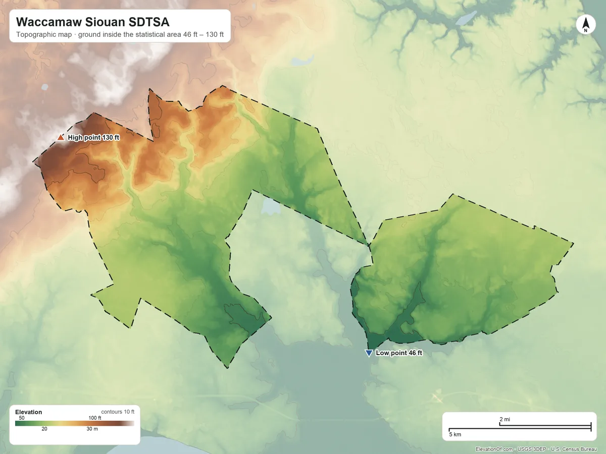 Topographic elevation map of Waccamaw Siouan SDTSA, North Carolina, shaded from 46 ft on the southeast side to 130 ft on the west side