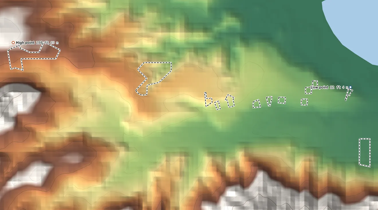 Topographic elevation map of Waiahole Hawaiian Home Land, Hawaii, shaded from 12 ft on the east side to 280 ft on the west side