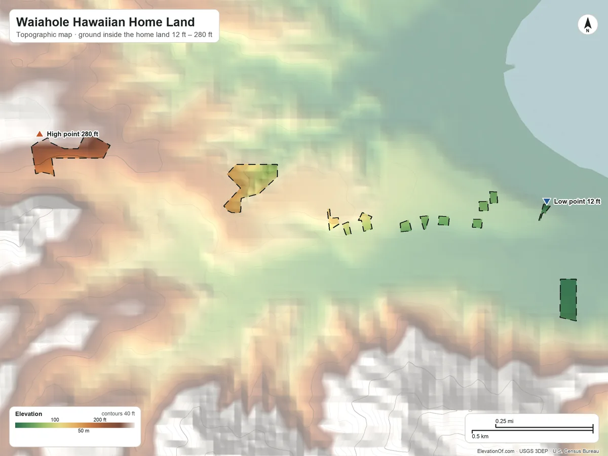 Topographic elevation map of Waiahole Hawaiian Home Land, Hawaii, shaded from 12 ft on the east side to 280 ft on the west side