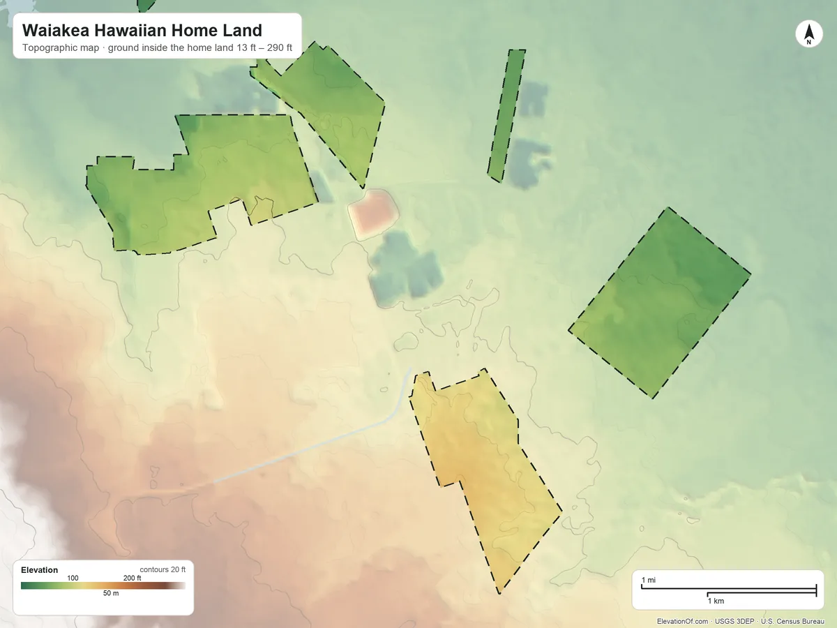 Topographic elevation map of Waiakea Hawaiian Home Land, Hawaii, shaded from 13 ft on the northwest side to 290 ft on the southwest side