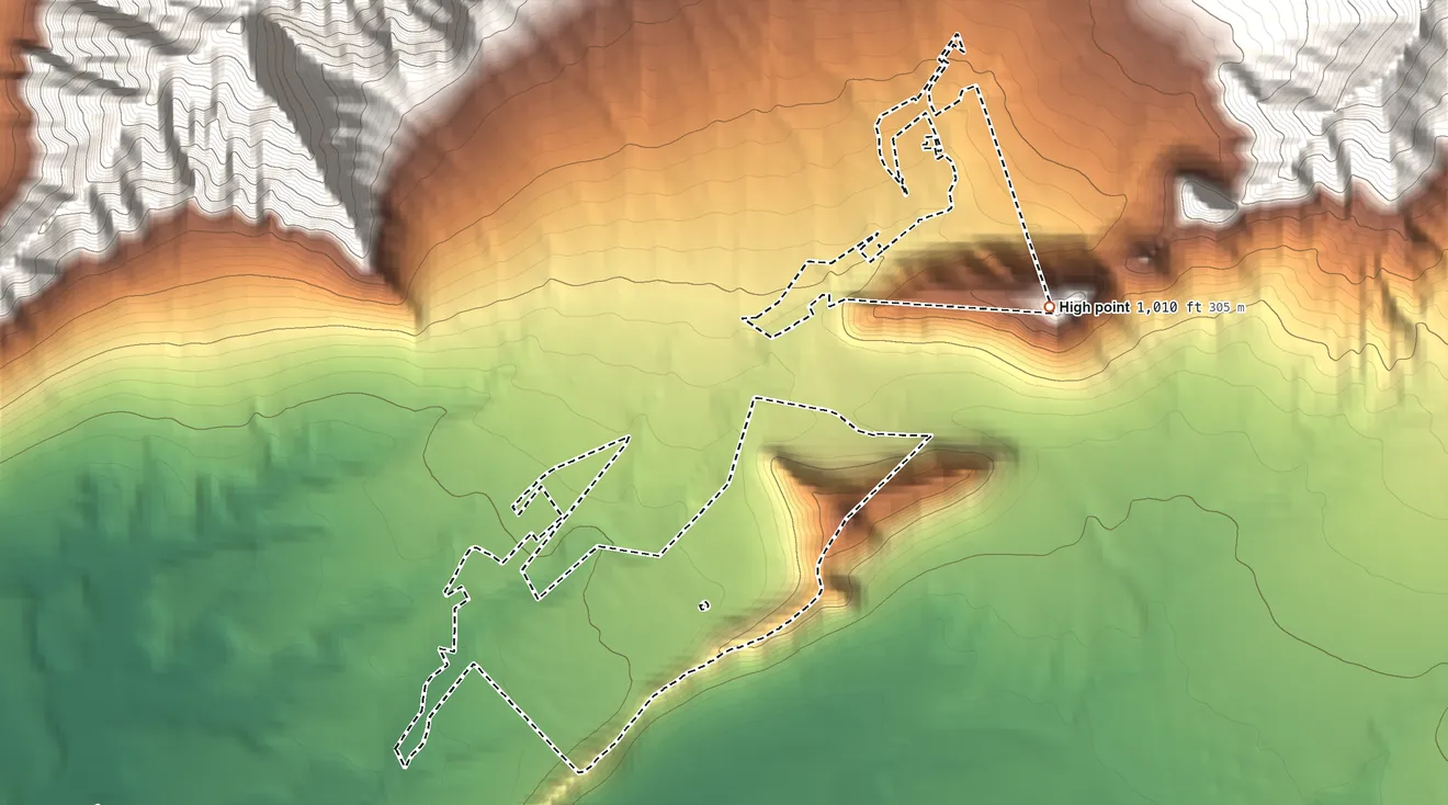 Topographic elevation map of Waianae Hawaiian Home Land, Hawaii, shaded from 12 ft on the southwest side to 1,010 ft on the east side