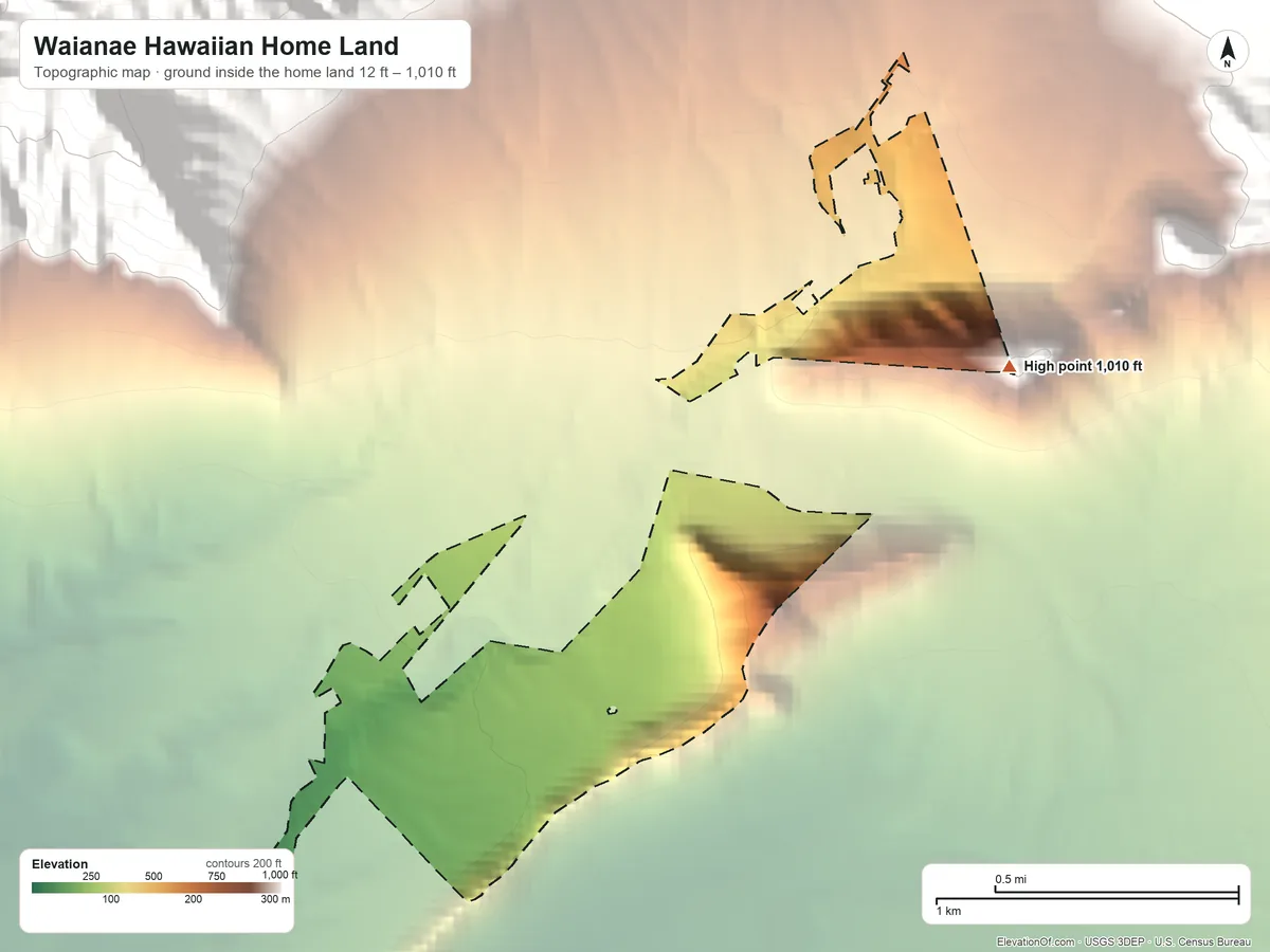 Topographic elevation map of Waianae Hawaiian Home Land, Hawaii, shaded from 12 ft on the southwest side to 1,010 ft on the east side