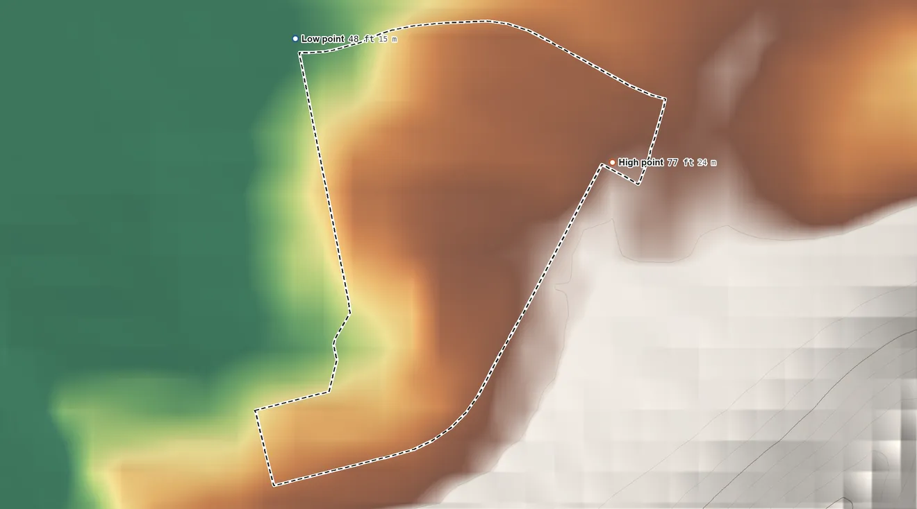 Topographic elevation map of Waianae Kai Hawaiian Home Land, Hawaii, shaded from 48 ft on the northwest side to 77 ft on the northeast side