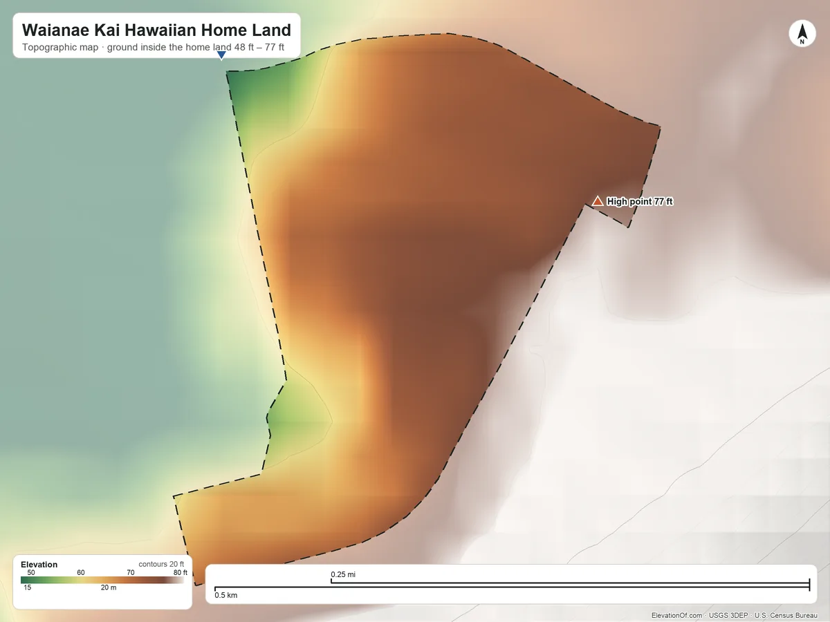 Topographic elevation map of Waianae Kai Hawaiian Home Land, Hawaii, shaded from 48 ft on the northwest side to 77 ft on the northeast side