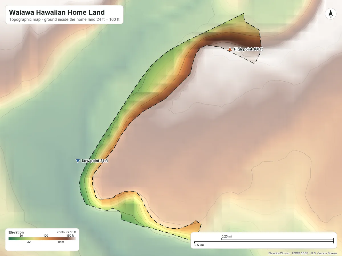 Topographic elevation map of Waiawa Hawaiian Home Land, Hawaii, shaded from 24 ft on the west side to 160 ft on the northeast side