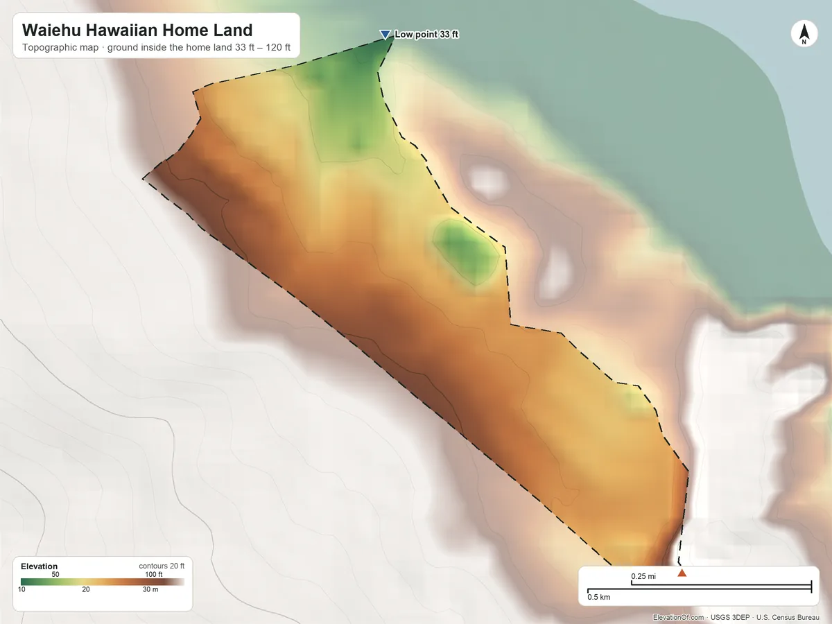 Topographic elevation map of Waiehu Hawaiian Home Land, Hawaii, shaded from 33 ft on the north side to 120 ft on the southeast side