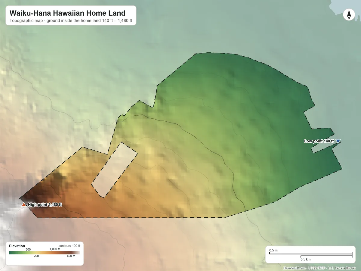 Topographic elevation map of Waiku-Hana Hawaiian Home Land, Hawaii, shaded from 140 ft on the east side to 1,480 ft on the southwest side
