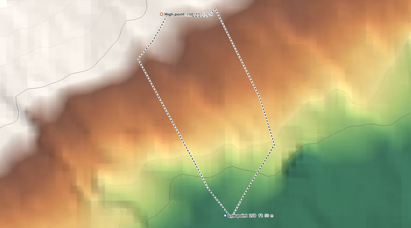 Topographic elevation map of Wailau Hawaiian Home Land, Hawaii, shaded from 160 ft on the south side to 390 ft on the northwest side