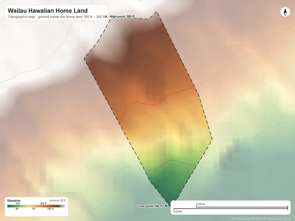 Topographic elevation map of Wailau Hawaiian Home Land, Hawaii, shaded from 160 ft on the south side to 390 ft on the northwest side