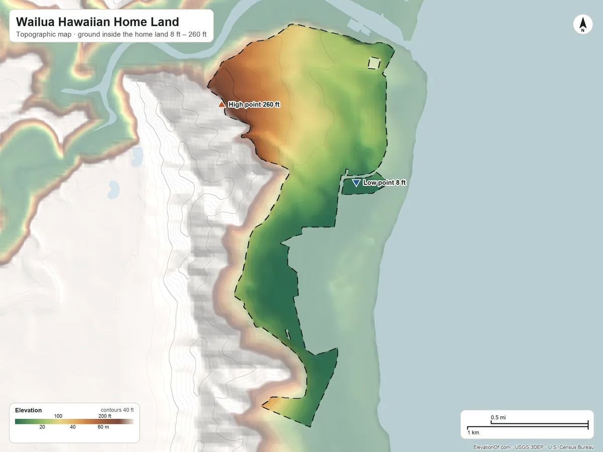 Topographic elevation map of Wailua Hawaiian Home Land, Hawaii, shaded from 8 ft on the northeast side to 260 ft on the northwest side