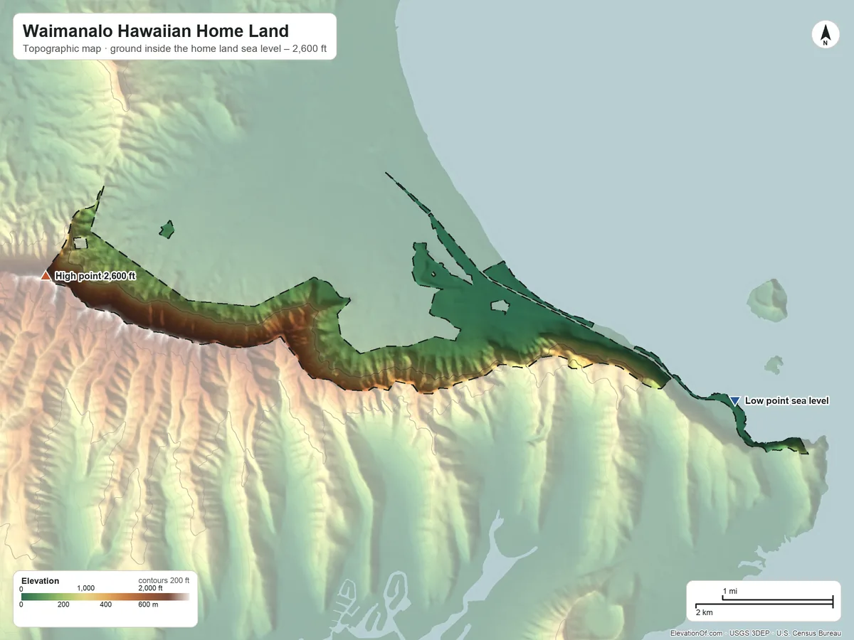 Topographic elevation map of Waimanalo Hawaiian Home Land, Hawaii, shaded from sea level on Waimānalo Bay to 2,600 ft on Puʻulanipō