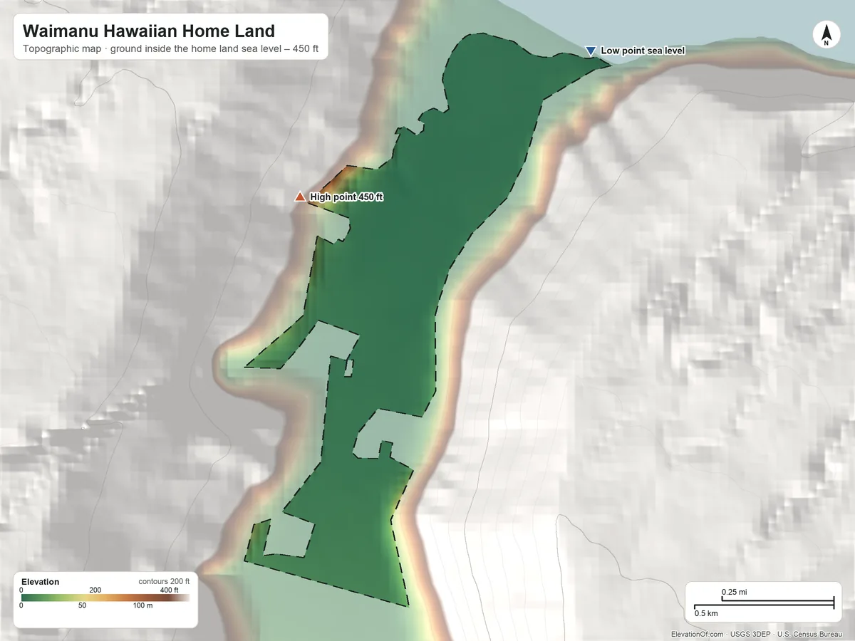 Topographic elevation map of Waimanu Hawaiian Home Land, Hawaii, shaded from sea level on the Pacific Ocean to 450 ft on the northwest side