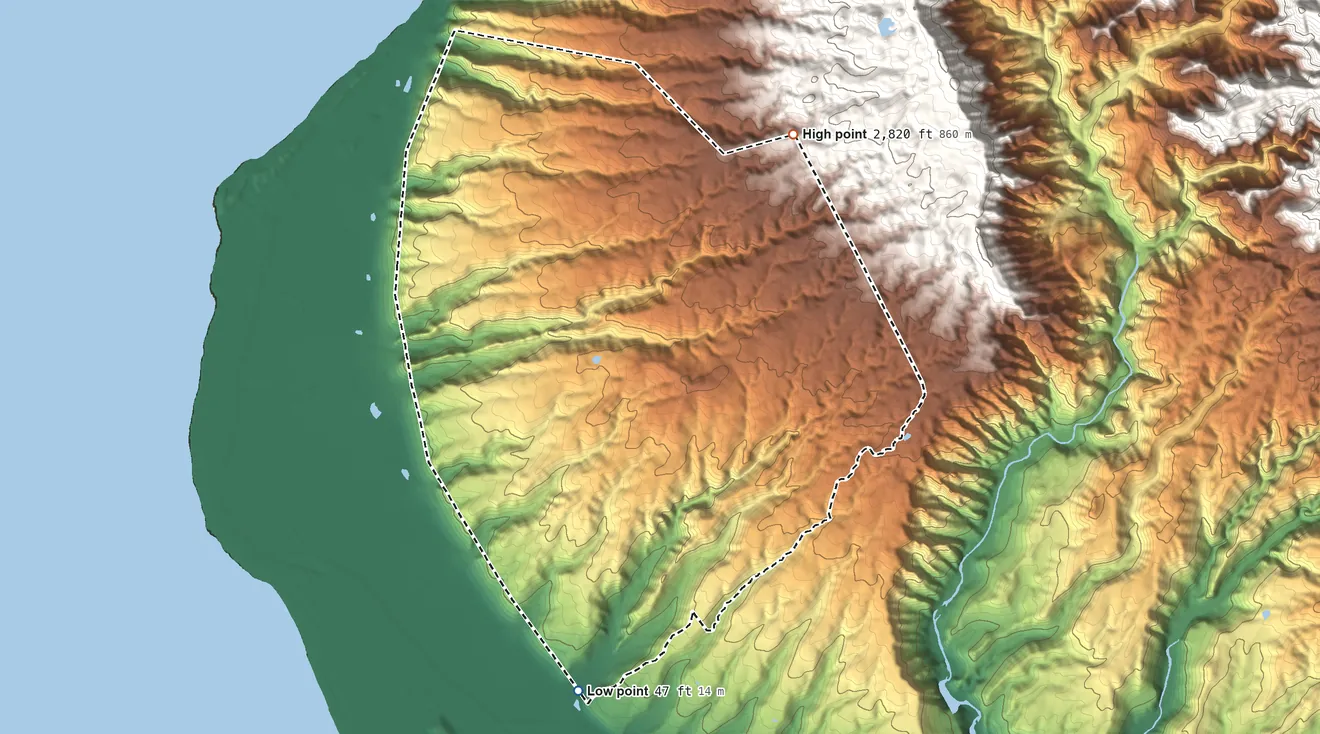 Topographic elevation map of Waimea Hawaiian Home Land, Hawaii, shaded from 47 ft on the south side to 2,820 ft on the northeast side