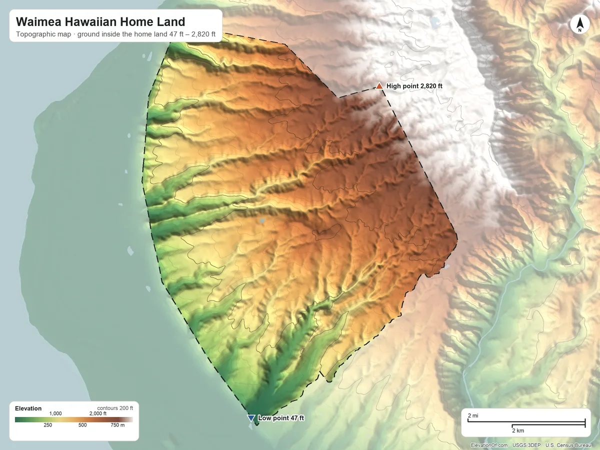 Topographic elevation map of Waimea Hawaiian Home Land, Hawaii, shaded from 47 ft on the south side to 2,820 ft on the northeast side
