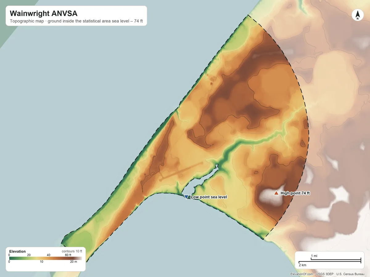 Topographic elevation map of Wainwright ANVSA, Alaska, shaded from sea level on Wainwright Inlet to 74 ft on the southeast side