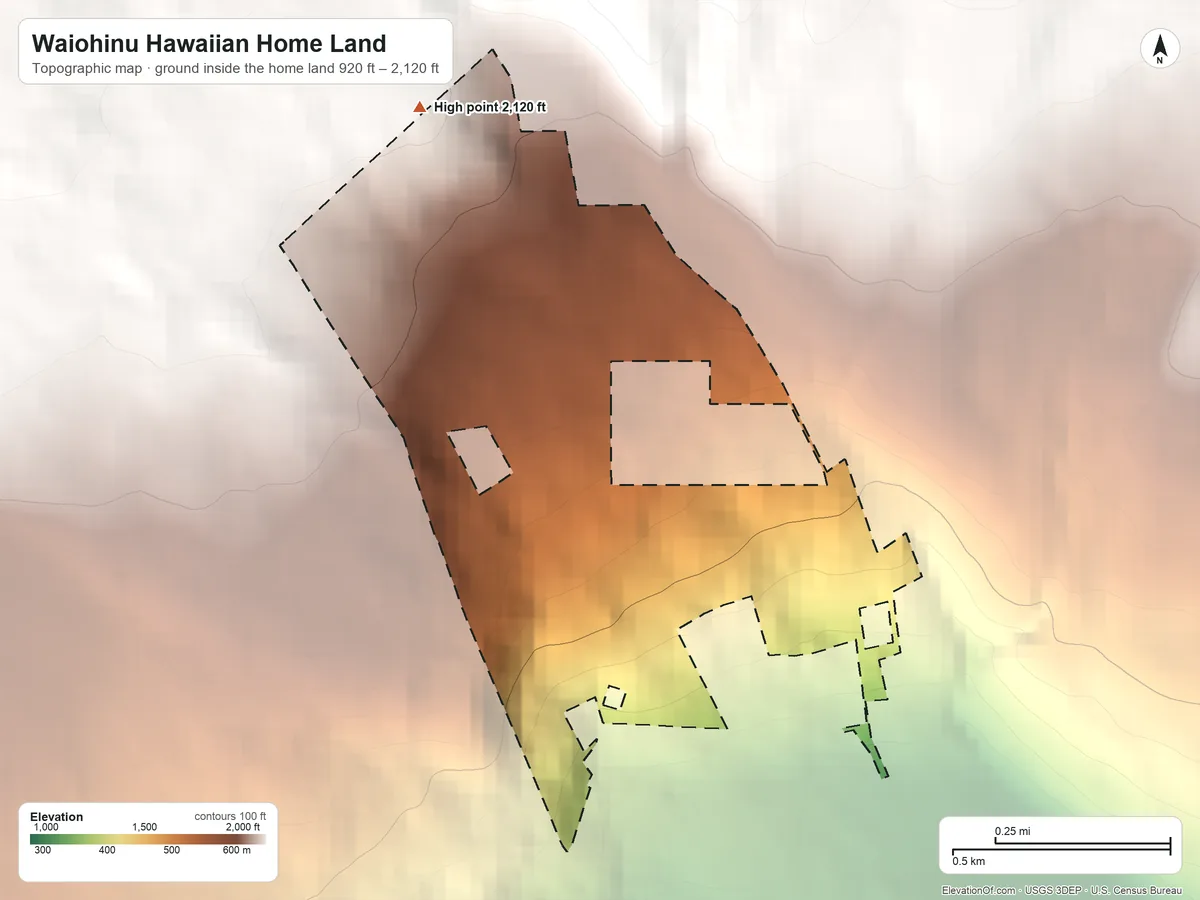 Topographic elevation map of Waiohinu Hawaiian Home Land, Hawaii, shaded from 920 ft on the south side to 2,120 ft on the northwest side