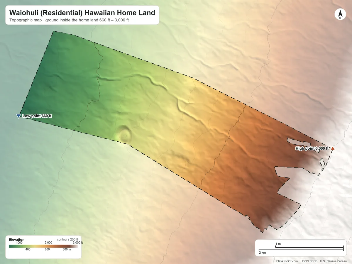 Topographic elevation map of Waiohuli (Residential) Hawaiian Home Land, Hawaii, shaded from 660 ft on the west side to 3,000 ft on the east side