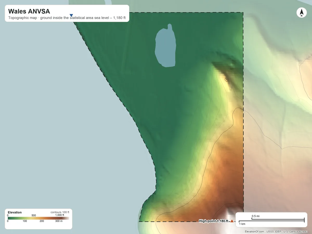 Topographic elevation map of Wales ANVSA, Alaska, shaded from sea level on the Chukchi Sea to 1,180 ft on the southeast side
