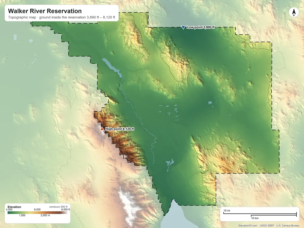 Topographic elevation map of Walker River Reservation, Nevada, shaded from 3,890 ft on the north side to 8,120 ft on Black Mountain