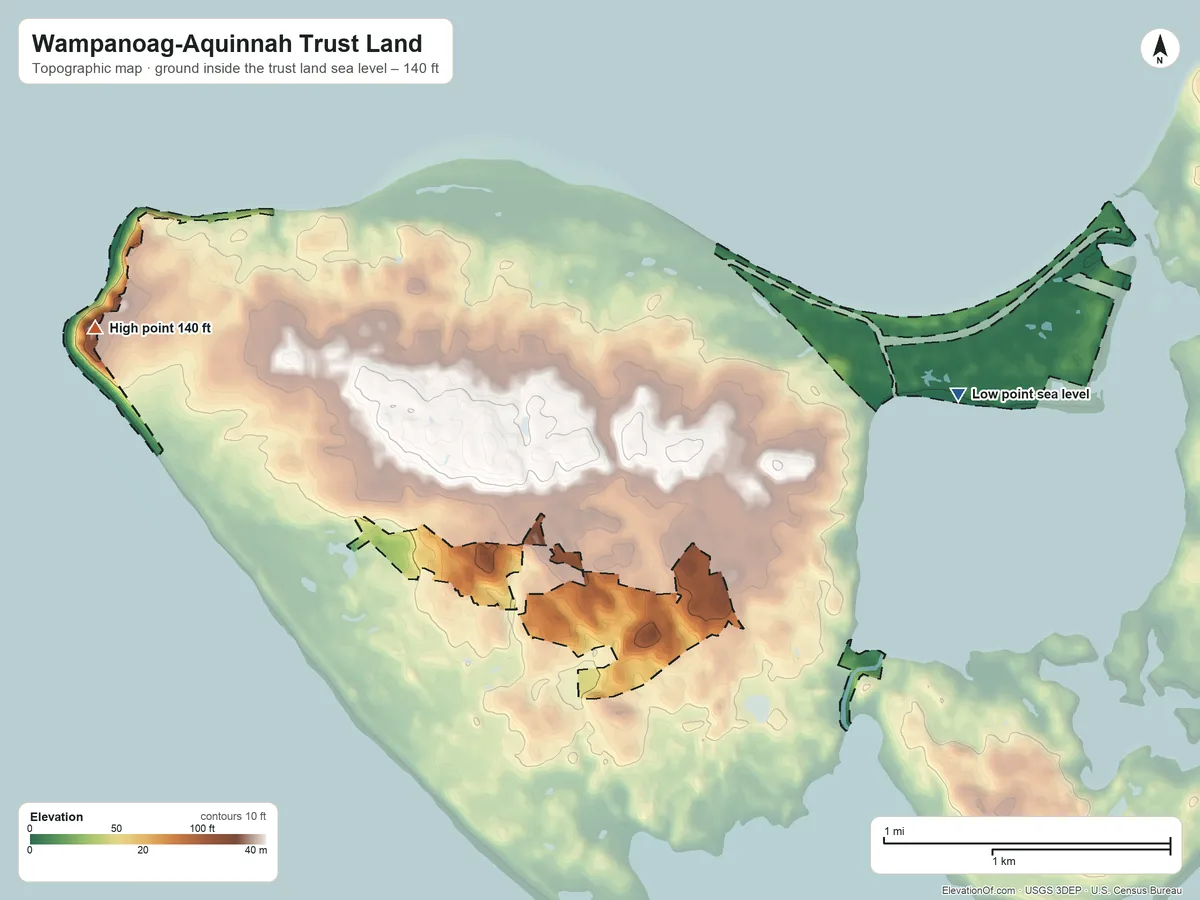 Topographic elevation map of Wampanoag-Aquinnah Trust Land, Massachusetts, shaded from sea level on the Menemsha Pond to 140 ft on the west side