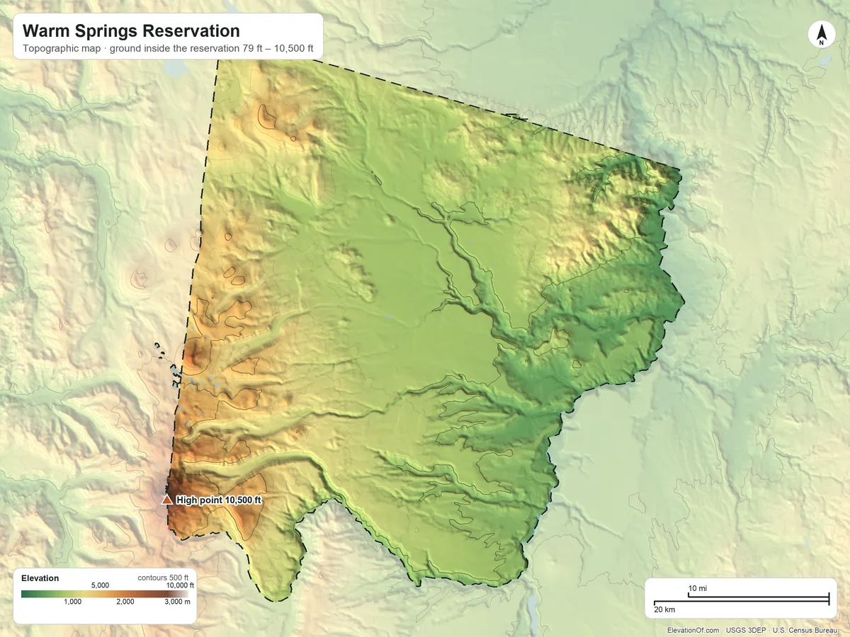 Topographic elevation map of Warm Springs Reservation, Oregon, shaded from 79 ft on the north side to 10,500 ft on Mount Jefferson
