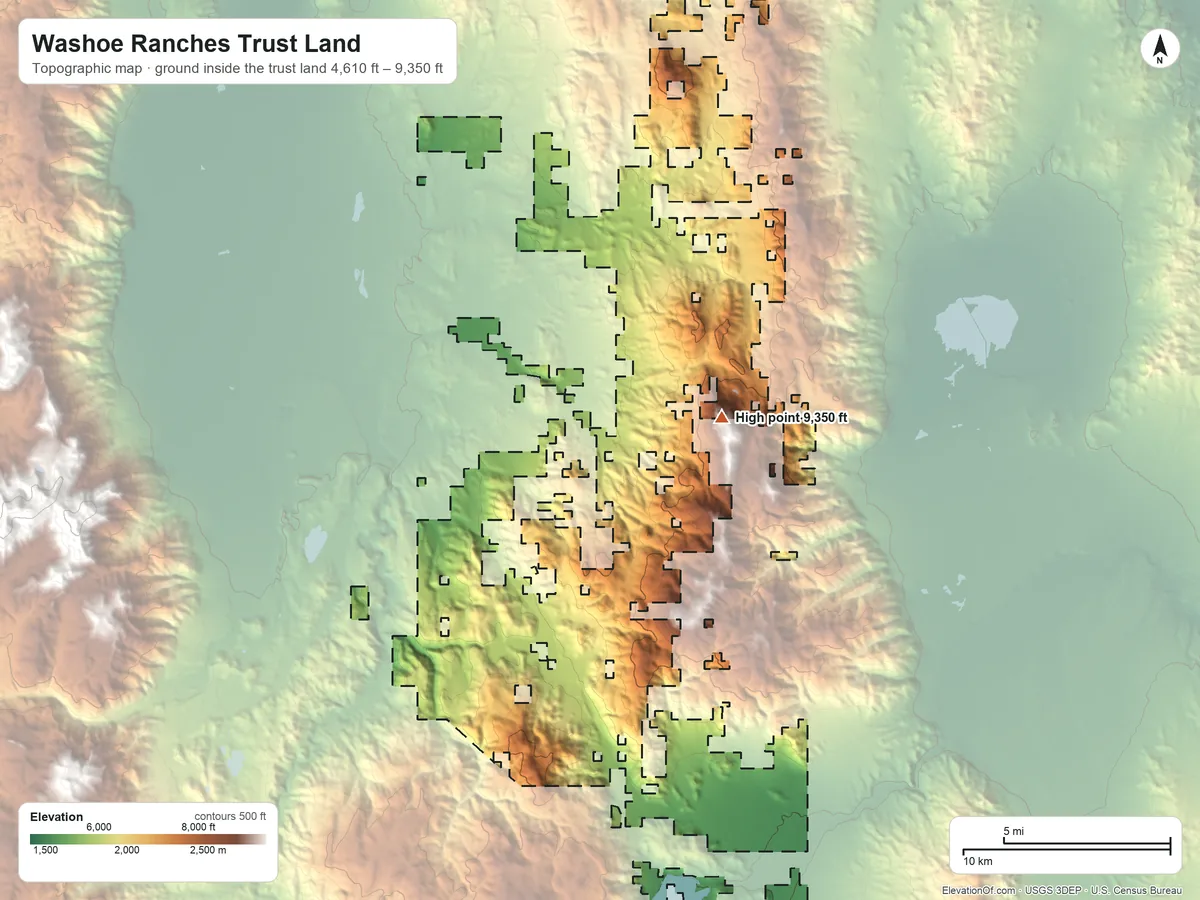 Topographic elevation map of Washoe Ranches Trust Land, Nevada, shaded from 4,610 ft on the north side to 9,350 ft on Mount Siegel