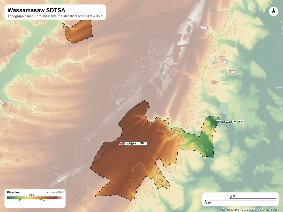 Topographic elevation map of Wassamasaw SDTSA, South Carolina, shaded from 14 ft on the east side to 96 ft on the southwest side