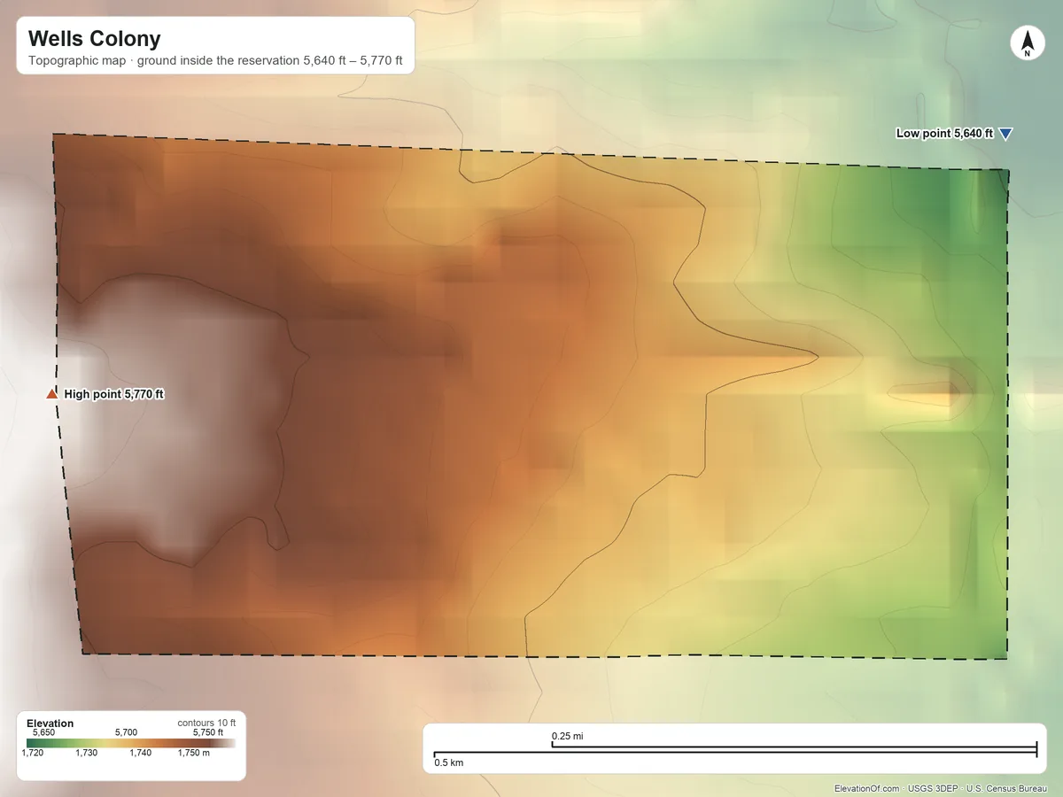 Topographic elevation map of Wells Colony, Nevada, shaded from 5,640 ft on the northeast side to 5,770 ft on the west side