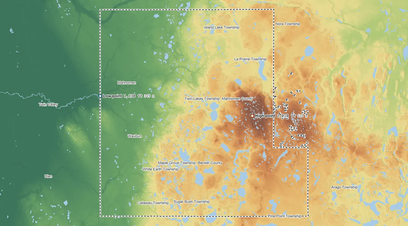 Topographic elevation map of White Earth Reservation, Minnesota, shaded from 1,130 ft on the west side to 2,010 ft on the east side