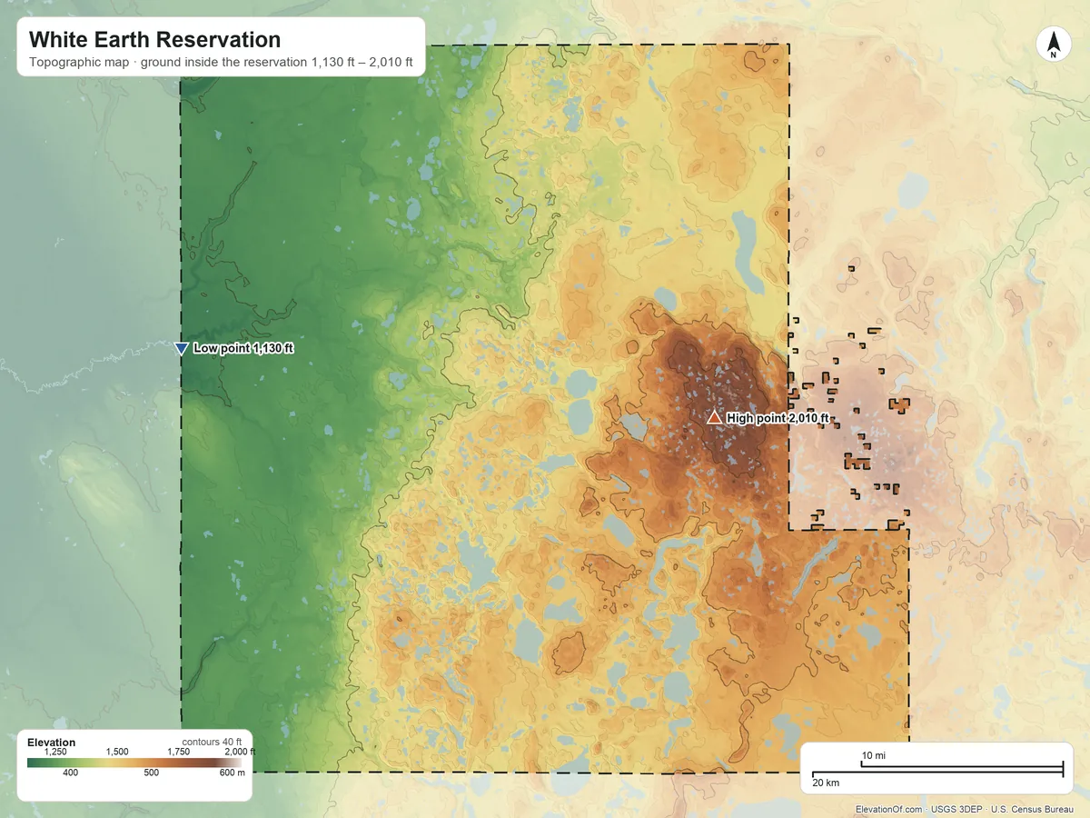 Topographic elevation map of White Earth Reservation, Minnesota, shaded from 1,130 ft on the west side to 2,010 ft on the east side