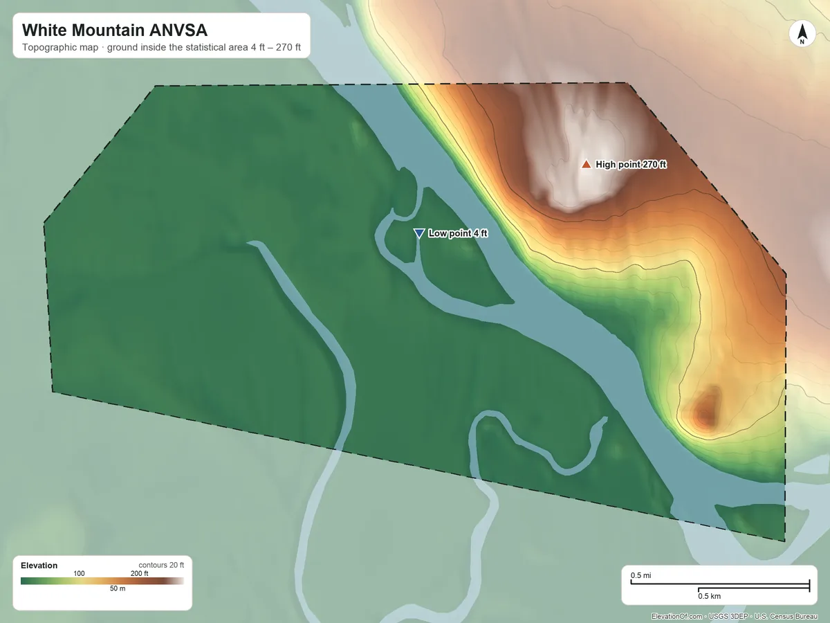Topographic elevation map of White Mountain ANVSA, Alaska, shaded from 4 ft near the middle to 270 ft on the northeast side