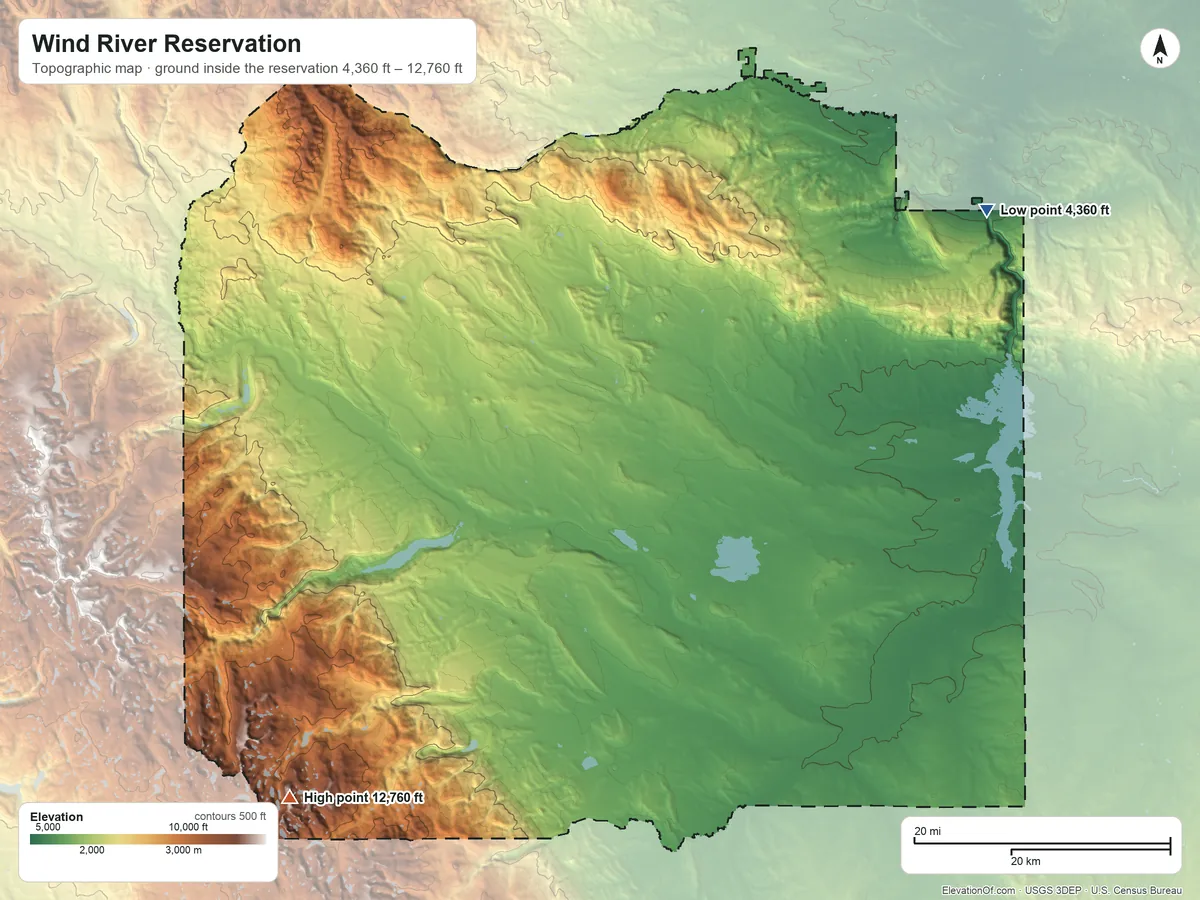 Topographic elevation map of Wind River Reservation, Wyoming, shaded from 4,360 ft on the northeast side to 12,760 ft on Roberts Mountain