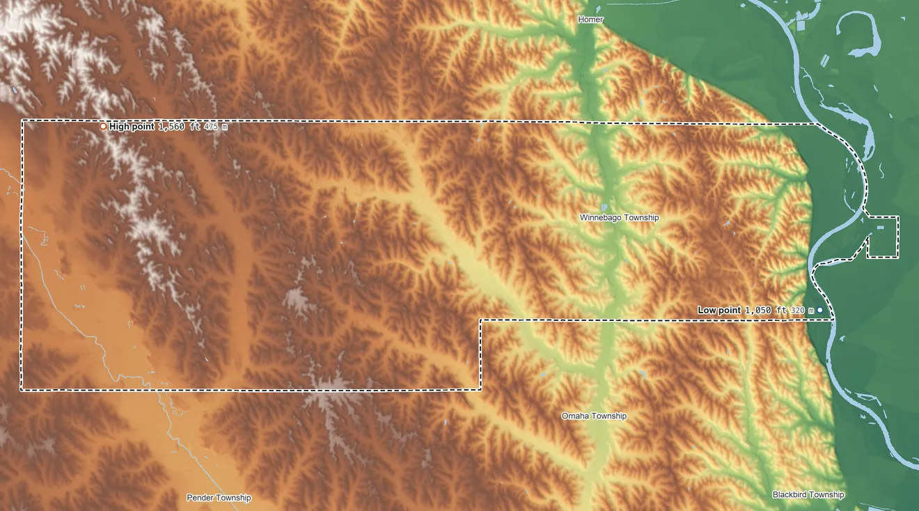 Topographic elevation map of Winnebago Reservation, Nebraska, shaded from 1,050 ft on the east side to 1,560 ft on the west side