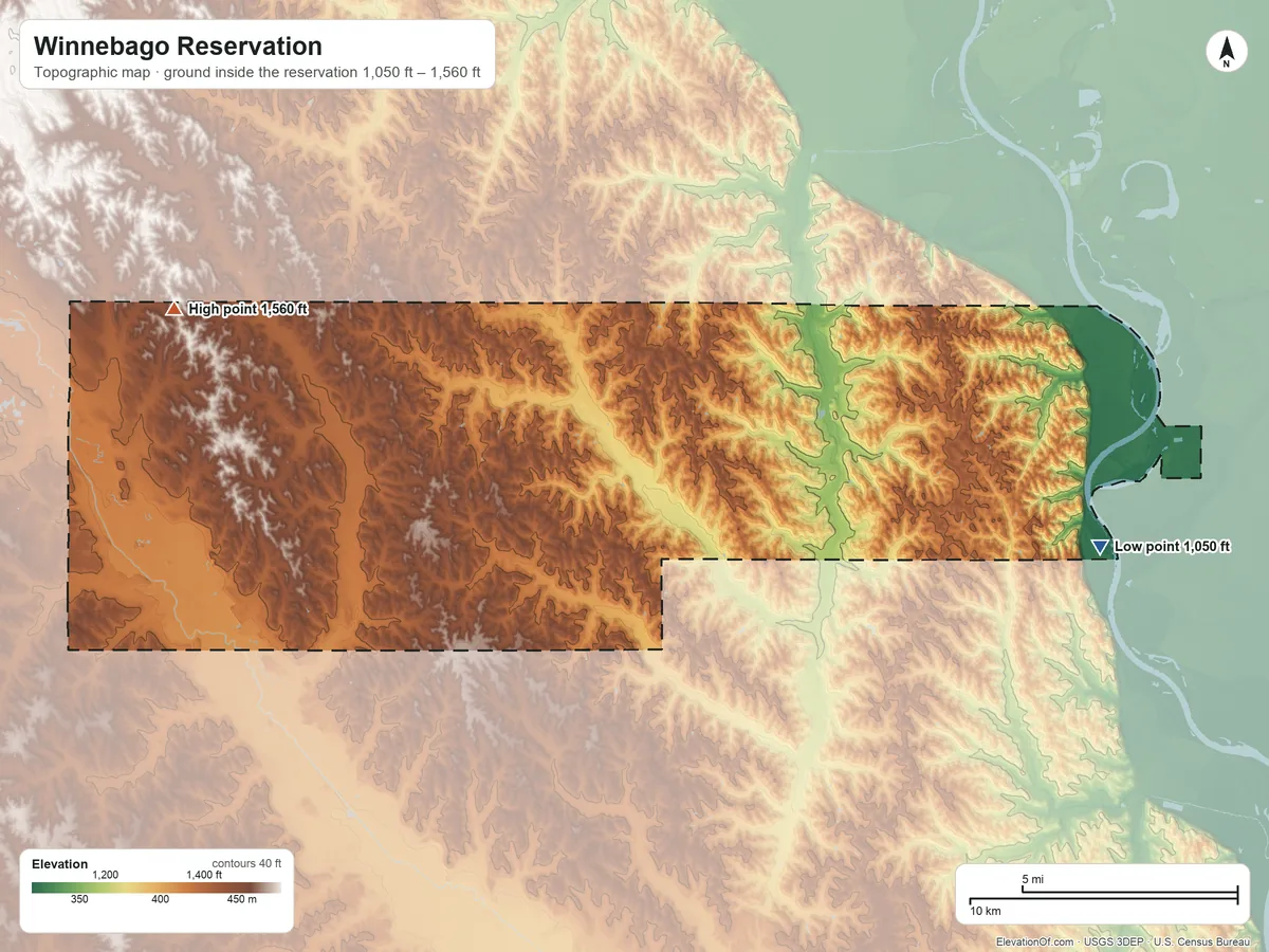 Topographic elevation map of Winnebago Reservation, Nebraska, shaded from 1,050 ft on the east side to 1,560 ft on the west side