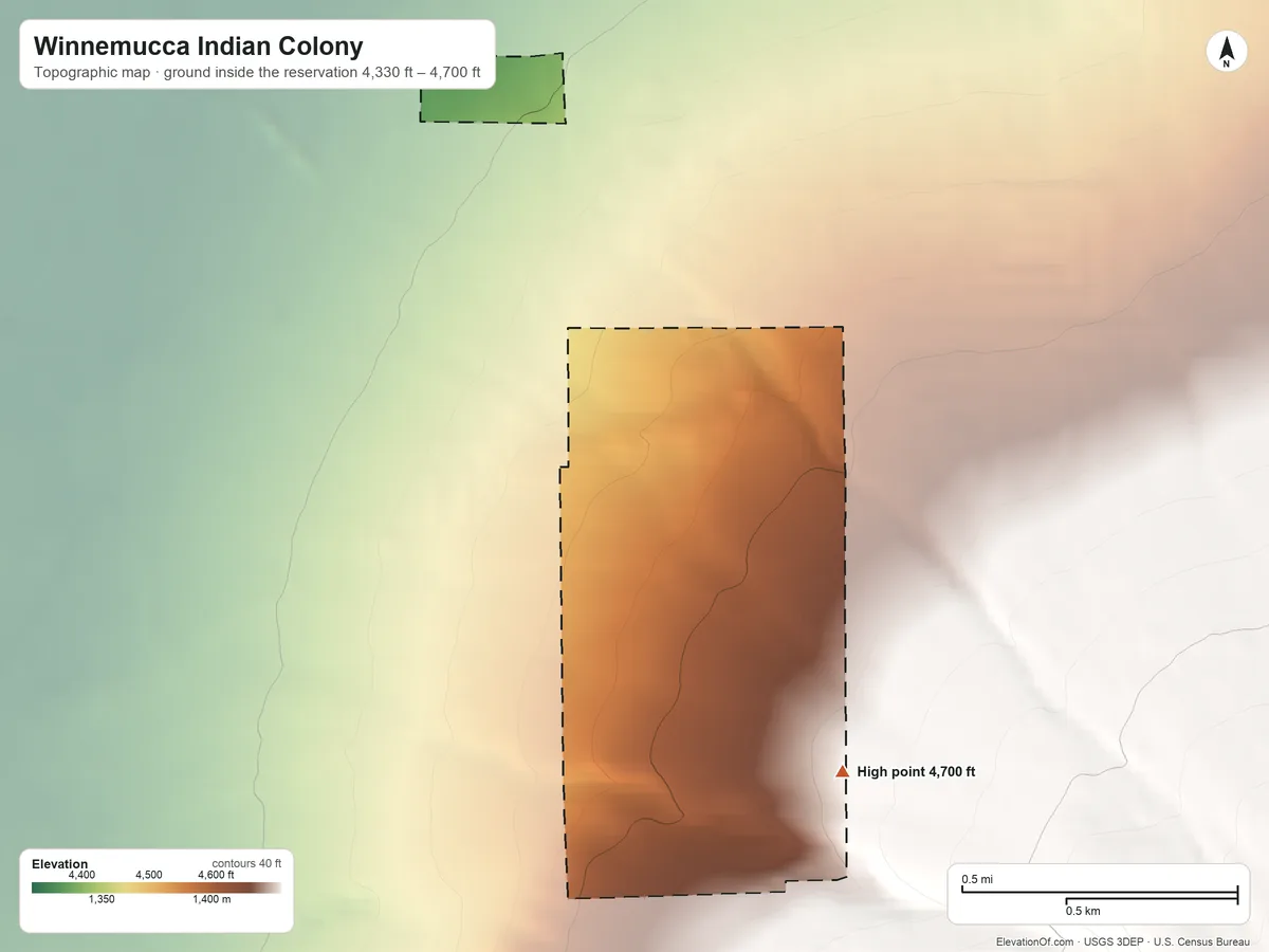 Topographic elevation map of Winnemucca Indian Colony, Nevada, shaded from 4,330 ft on the west side to 4,700 ft on the southeast side