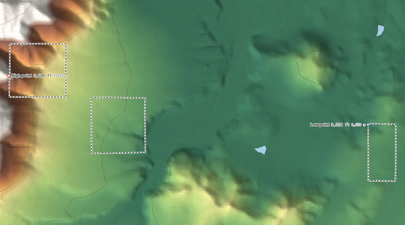 Topographic elevation map of Woodfords Community, California, shaded from 5,310 ft on the east side to 6,680 ft on the west side