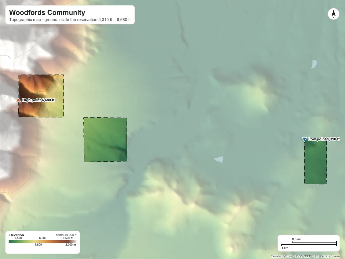Topographic elevation map of Woodfords Community, California, shaded from 5,310 ft on the east side to 6,680 ft on the west side