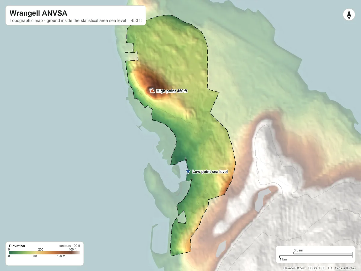 Topographic elevation map of Wrangell ANVSA, Alaska, shaded from sea level on Wrangell Harbor to 450 ft on Dewey Hill