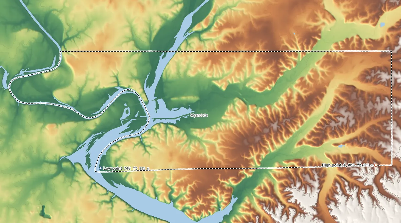 Topographic elevation map of Wyandotte OTSA, Oklahoma, shaded from 740 ft on the southwest side to 1,000 ft on the east side