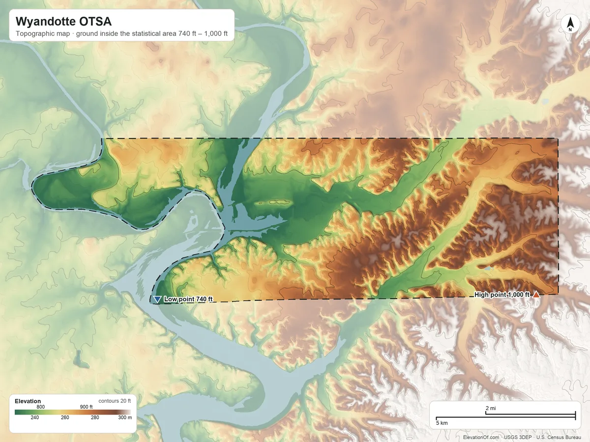 Topographic elevation map of Wyandotte OTSA, Oklahoma, shaded from 740 ft on the southwest side to 1,000 ft on the east side