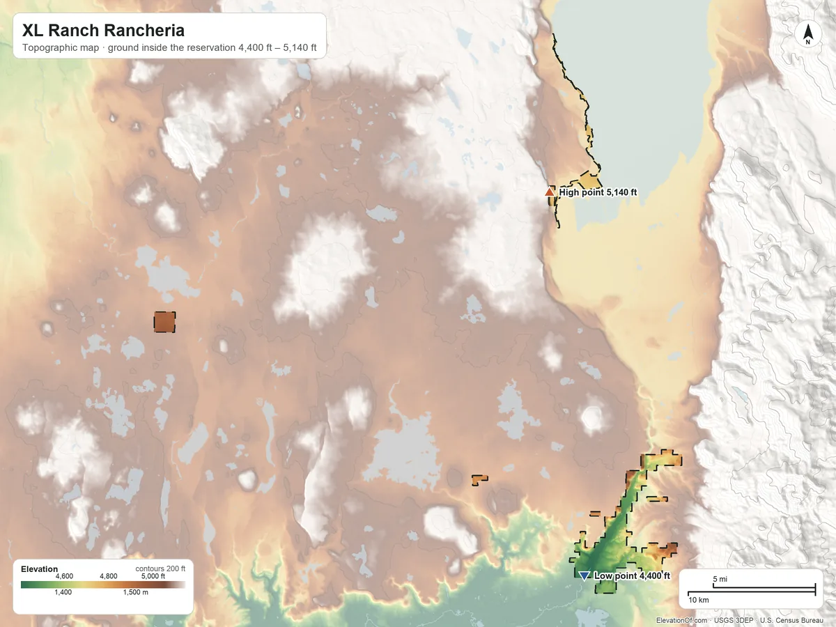 Topographic elevation map of XL Ranch Rancheria, California, shaded from 4,400 ft on the southeast side to 5,140 ft on the northeast side