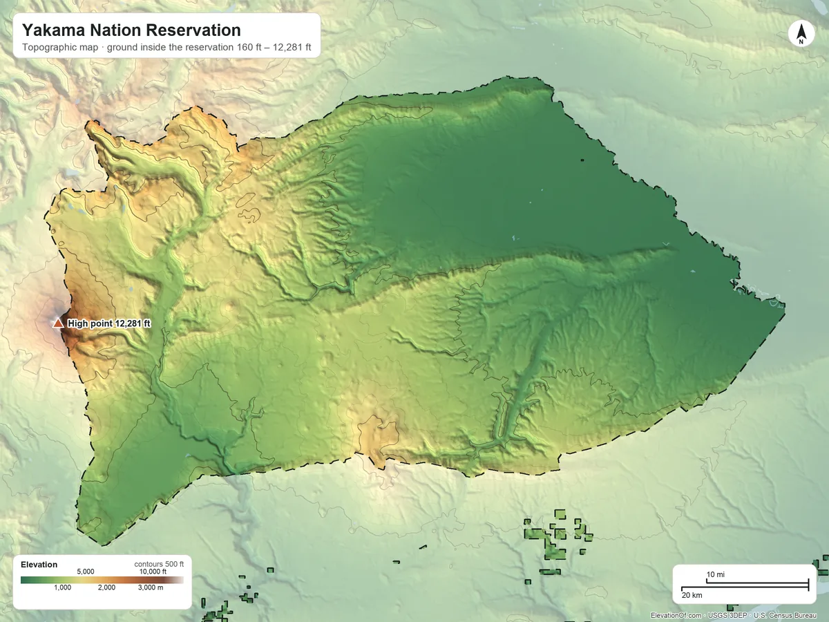 Topographic elevation map of Yakama Nation Reservation, Washington, shaded from 160 ft on the south side to 12,281 ft on Mount Adams