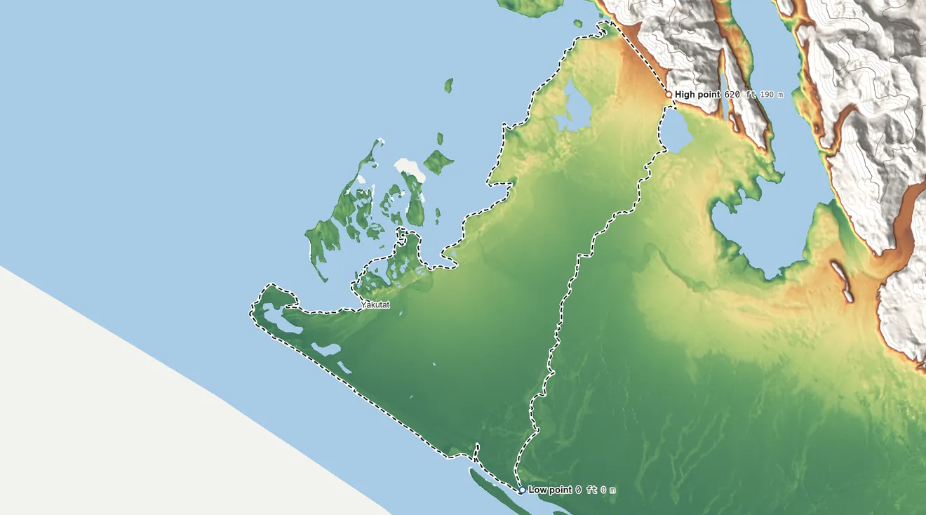 Topographic elevation map of Yakutat ANVSA, Alaska, shaded from sea level on the Gulf of Alaska to 620 ft on the northeast side