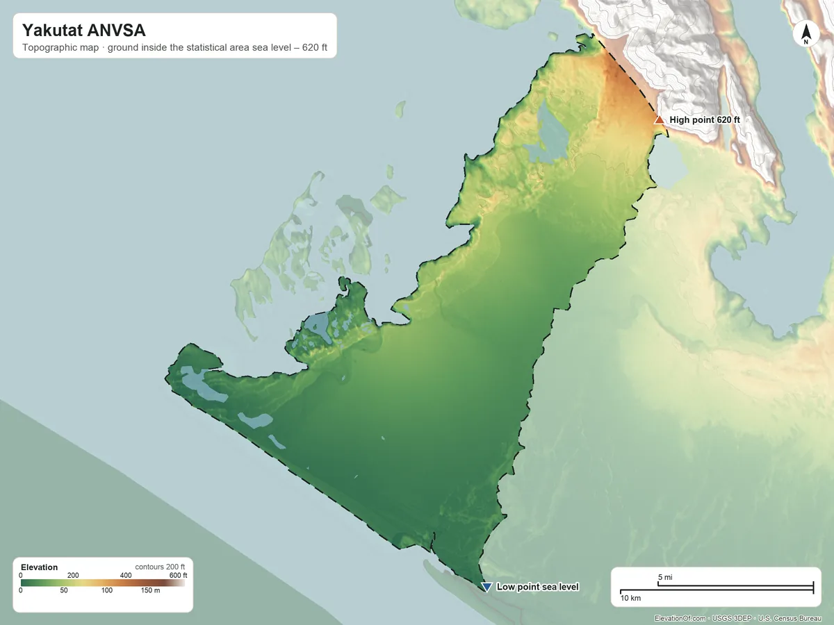 Topographic elevation map of Yakutat ANVSA, Alaska, shaded from sea level on the Gulf of Alaska to 620 ft on the northeast side
