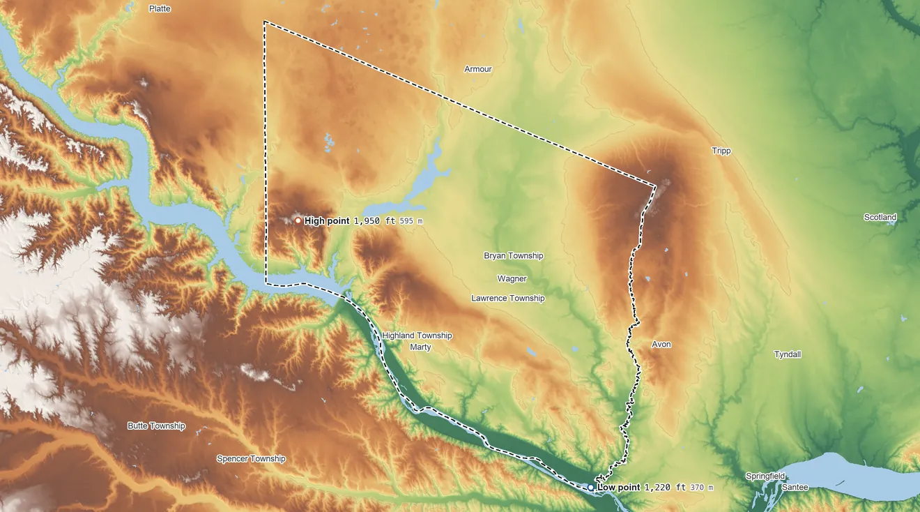 Topographic elevation map of Yankton Reservation, South Dakota, shaded from 1,220 ft on the southeast side to 1,950 ft on the west side