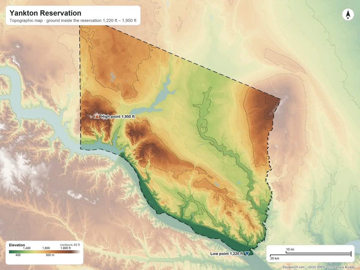 Topographic elevation map of Yankton Reservation, South Dakota, shaded from 1,220 ft on the southeast side to 1,950 ft on the west side