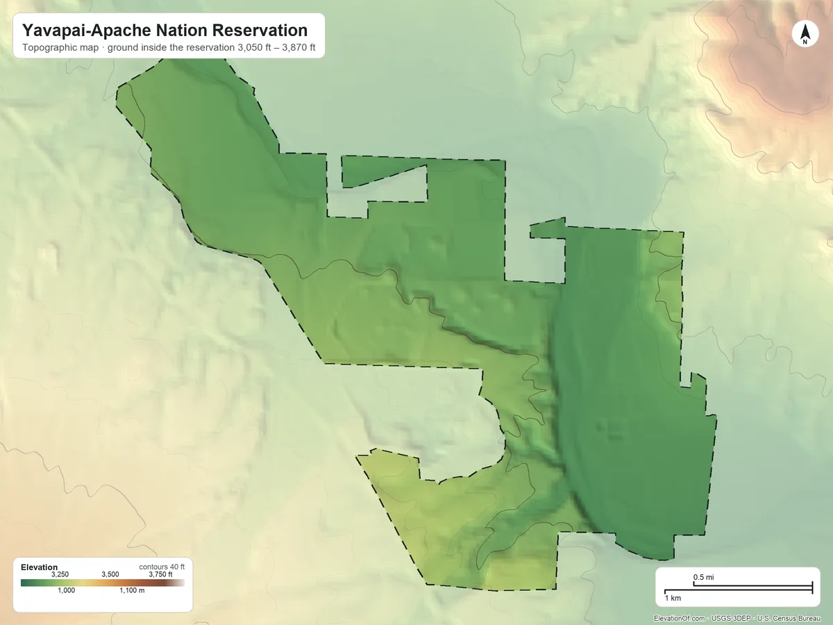 Topographic elevation map of Yavapai-Apache Nation Reservation, Arizona, shaded from 3,050 ft on the southeast side to 3,870 ft on the northwest side