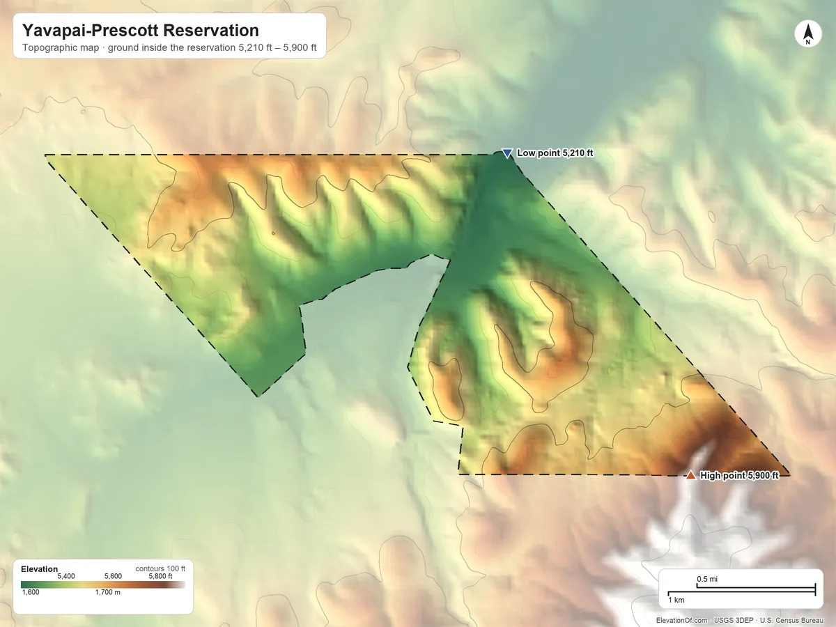 Topographic elevation map of Yavapai-Prescott Reservation, Arizona, shaded from 5,210 ft on the northeast side to 5,900 ft on the southeast side