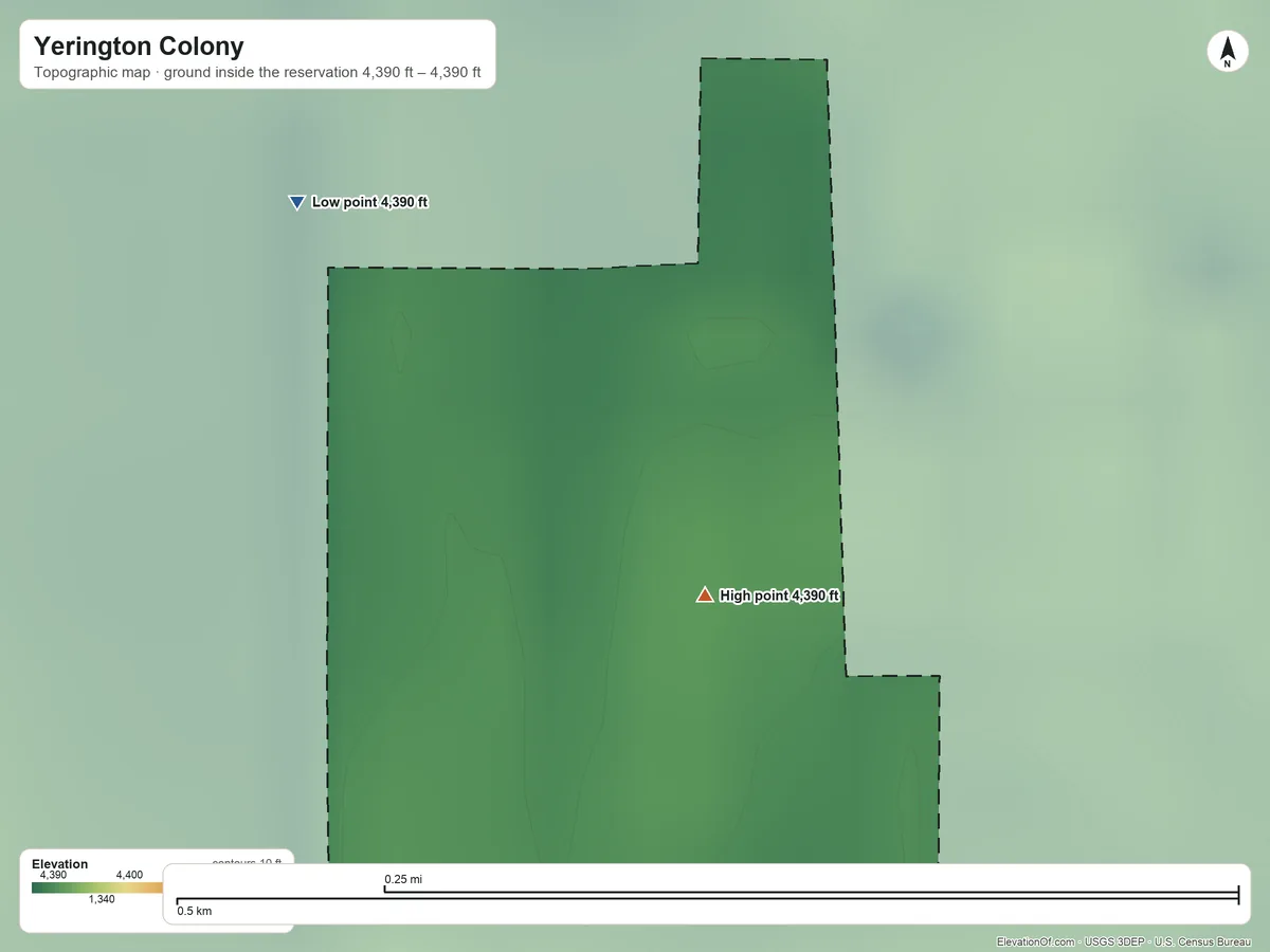 Topographic elevation map of Yerington Colony, Nevada, shaded from 4,390 ft on the northwest side to 4,390 ft on the southeast side